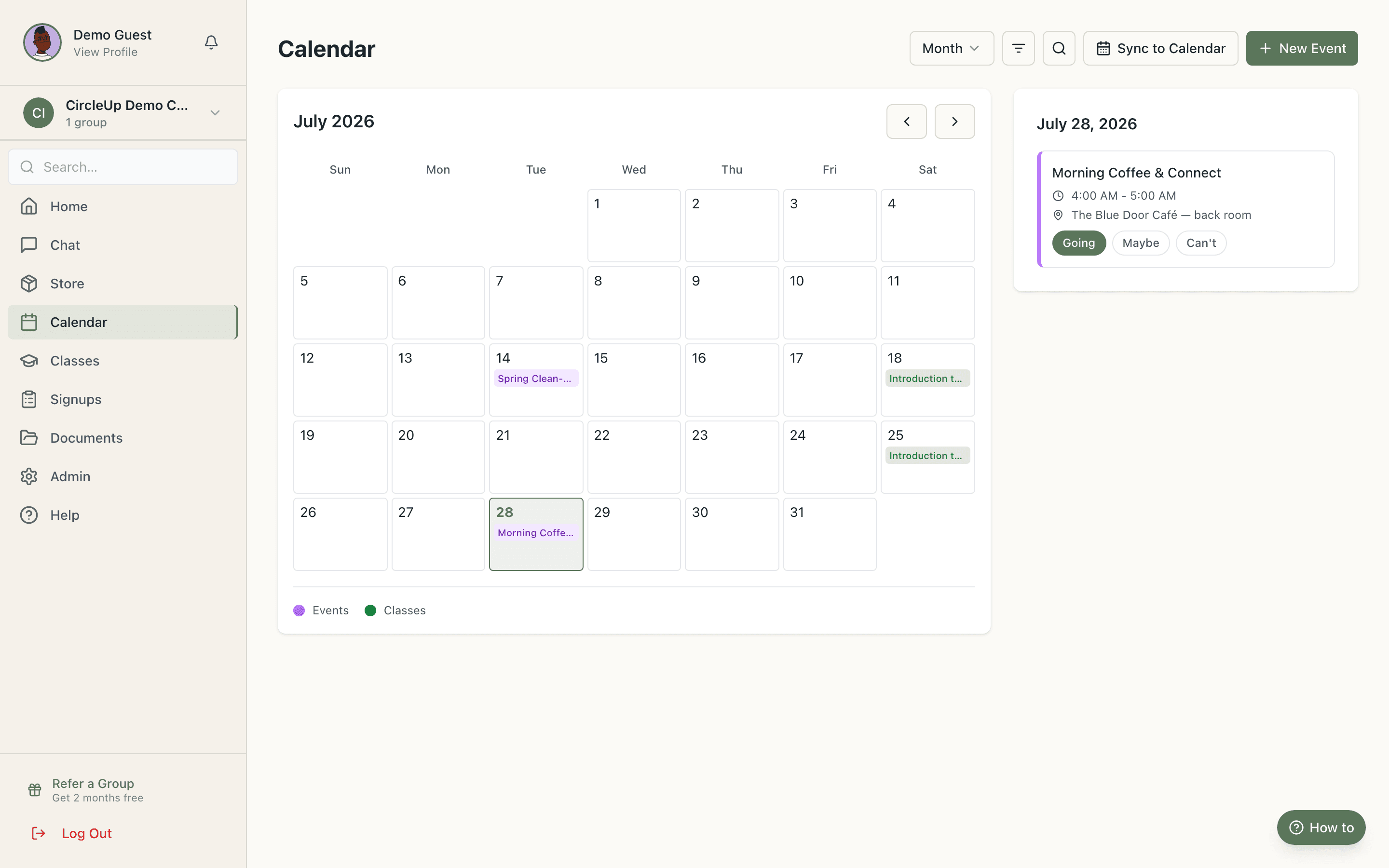 Event calendar with RSVP tracking and recurring events