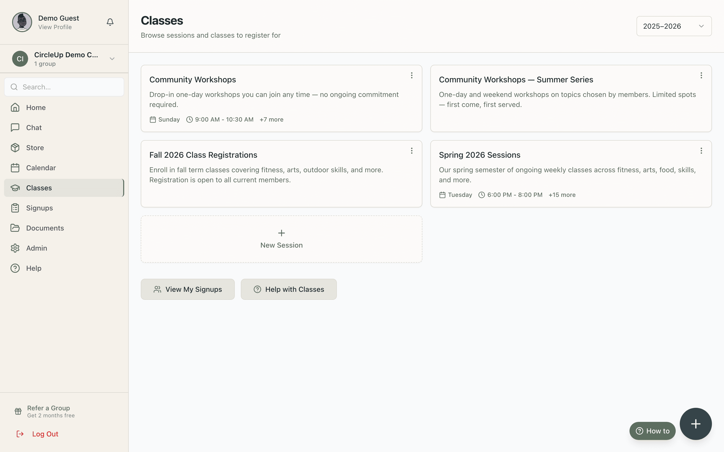 Class catalog with online registration and enrollment tracking
