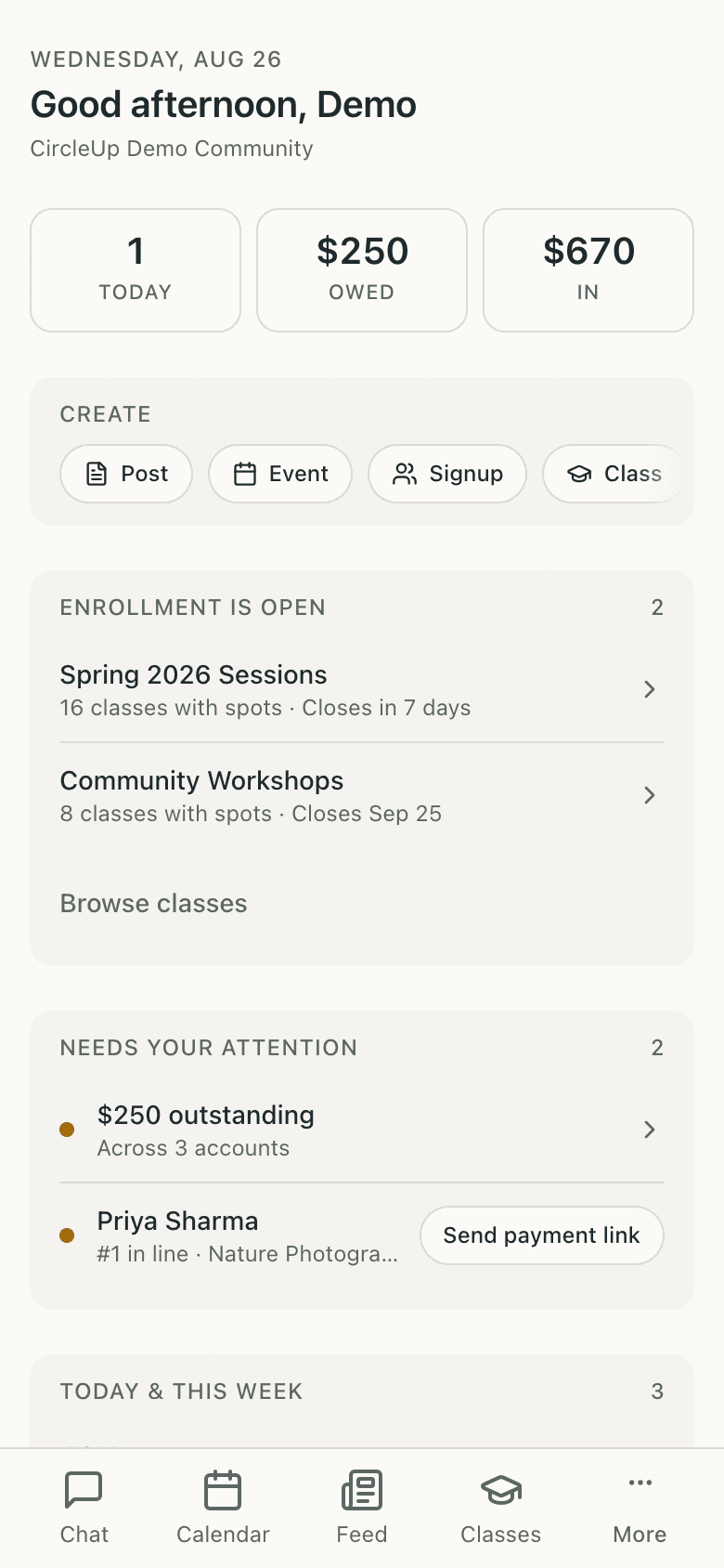 CircleUp dashboard showing open registration, outstanding balances, and the week ahead
