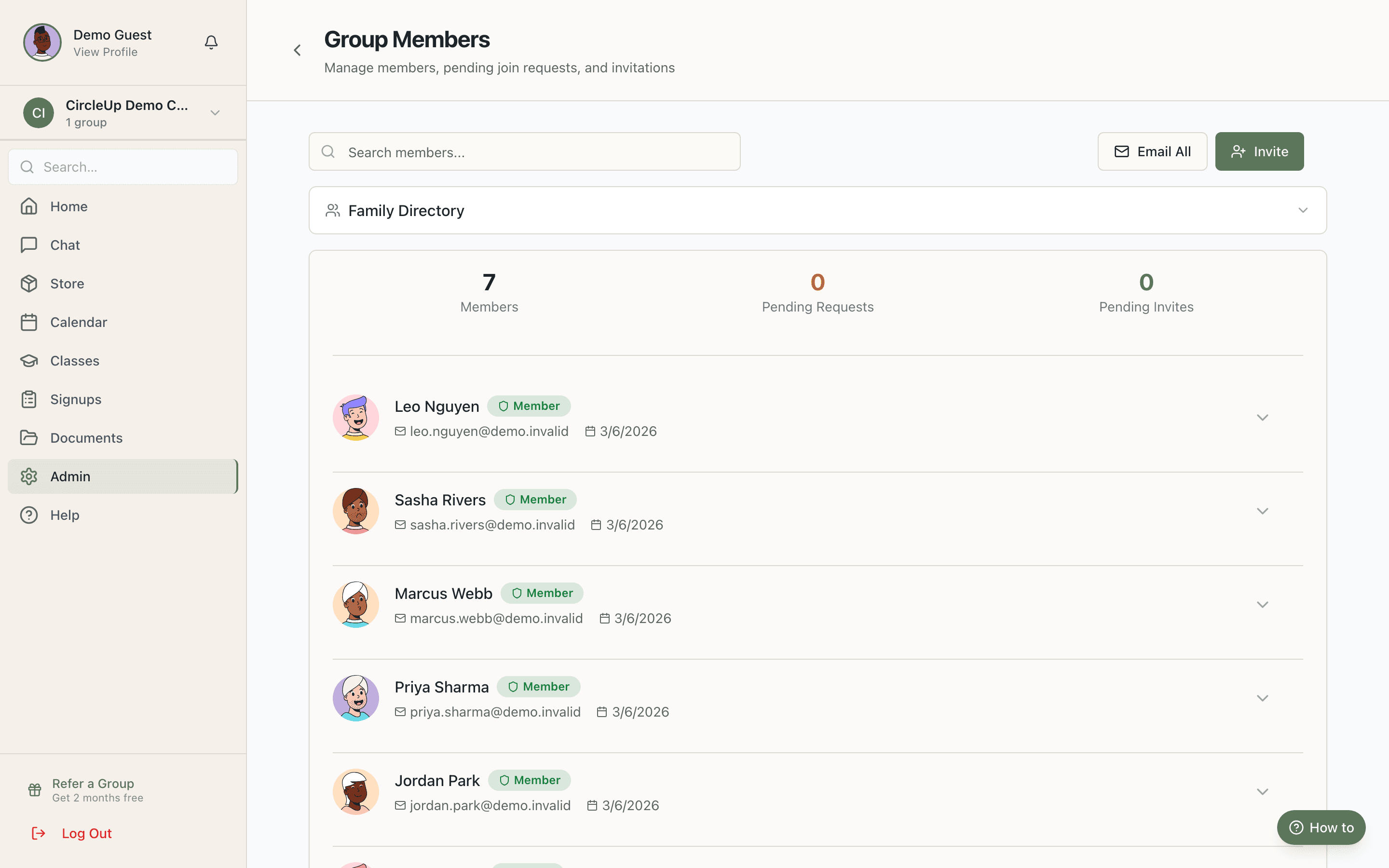 Searchable member directory with family profiles