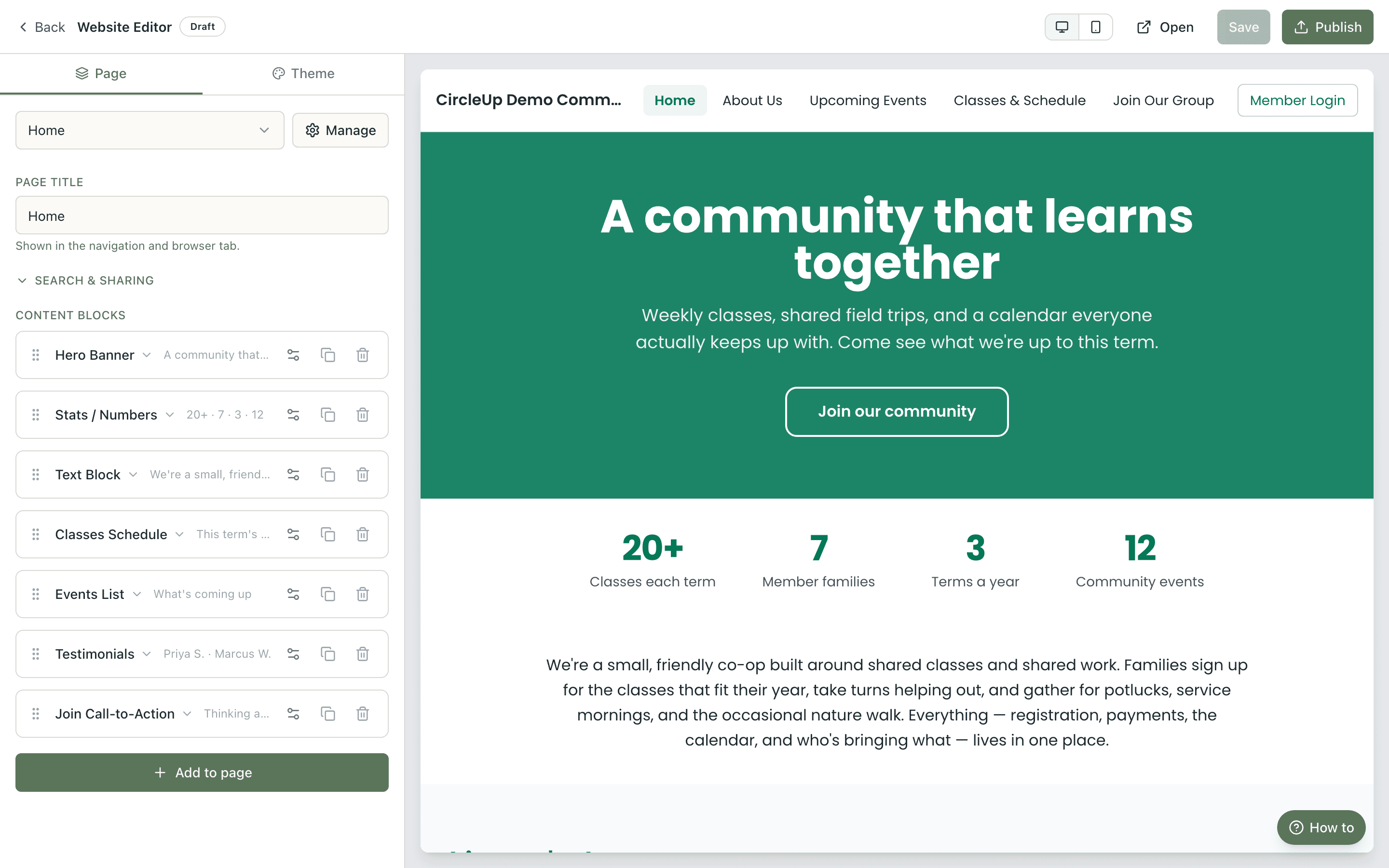 Built-in website builder with drag-and-drop pages